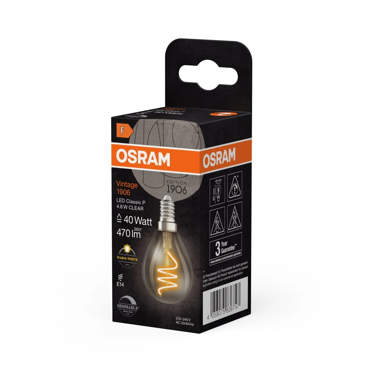 Żarówka LED OSRAM Vintage 1906 Classic P 40 Spiral Filament DIM 4.6W 927 Clear E14 - Image 2