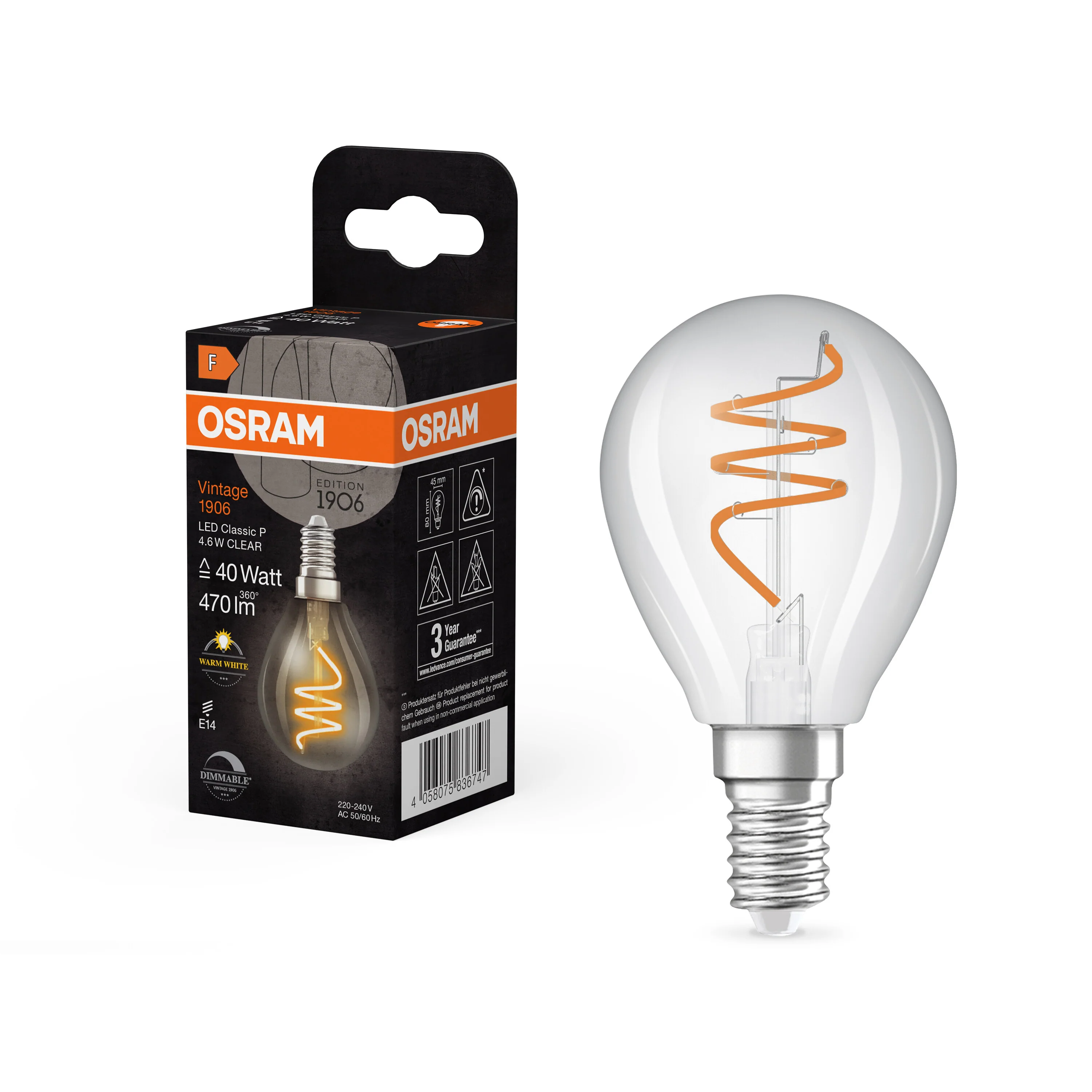 Żarówka LED OSRAM Vintage 1906 Classic P 40 Spiral Filament DIM 4.6W 927 Clear E14 - Image 5