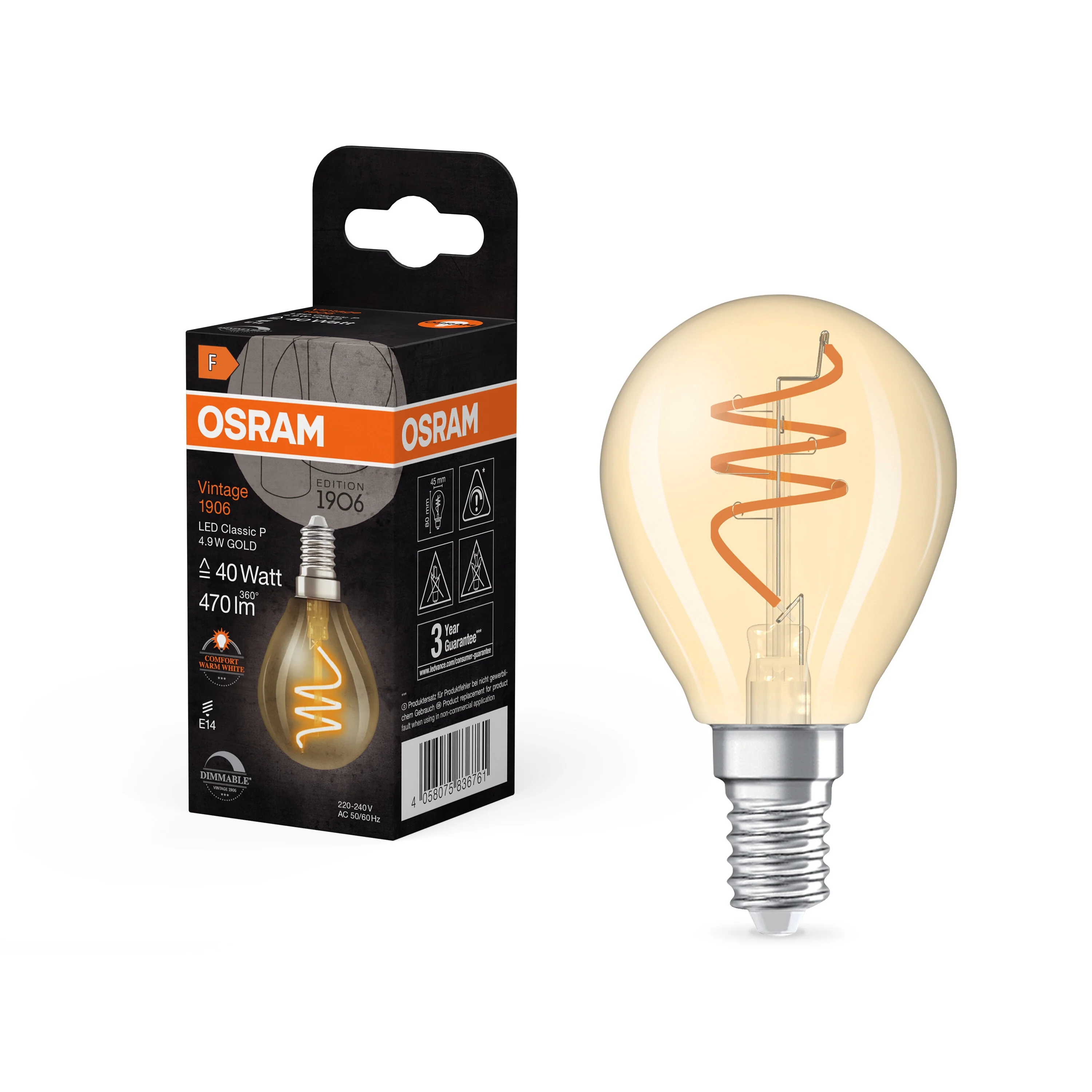 Żarówka LED OSRAM Vintage 1906 Classic P 40 Spiral Filament DIM 4.9W 922 Gold E14 - Image 5