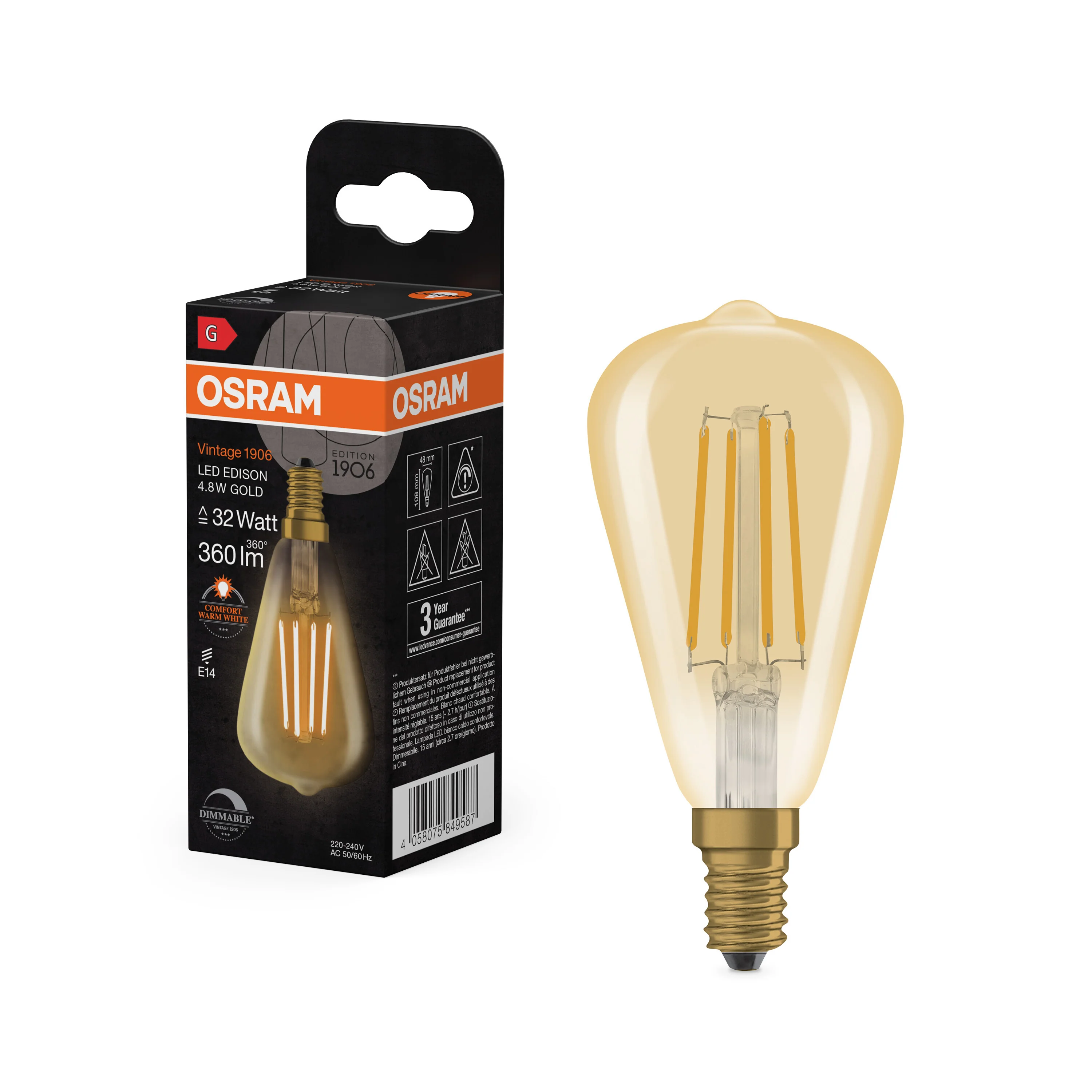 Żarówka LED OSRAM Vintage 1906 Edison 32 Filament DIM 4.8W 822 Gold E14 - Image 4