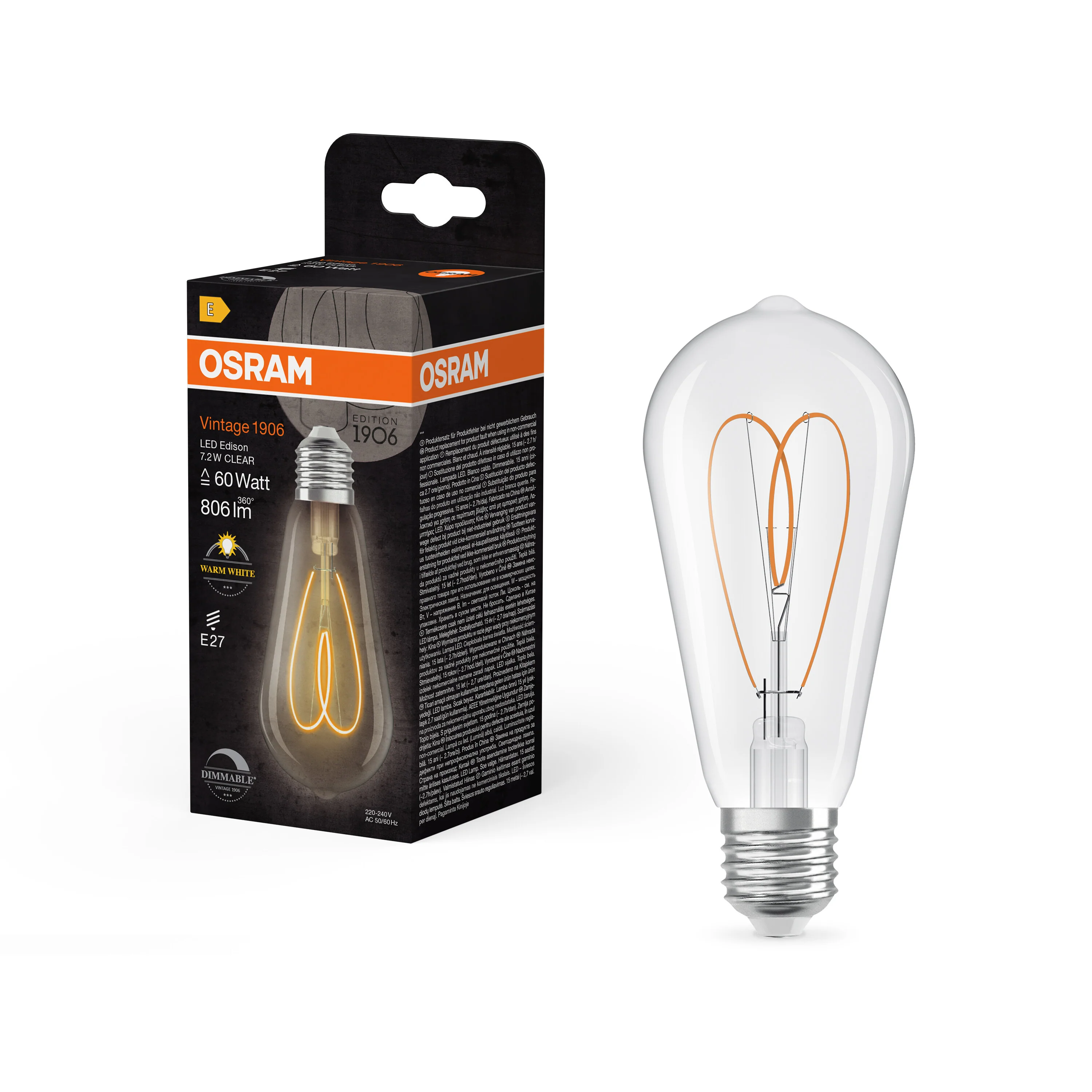 Żarówka LED OSRAM Vintage 1906 Edison 60 Heart Filament DIM 7.2W 927 Clear E27 - Image 5