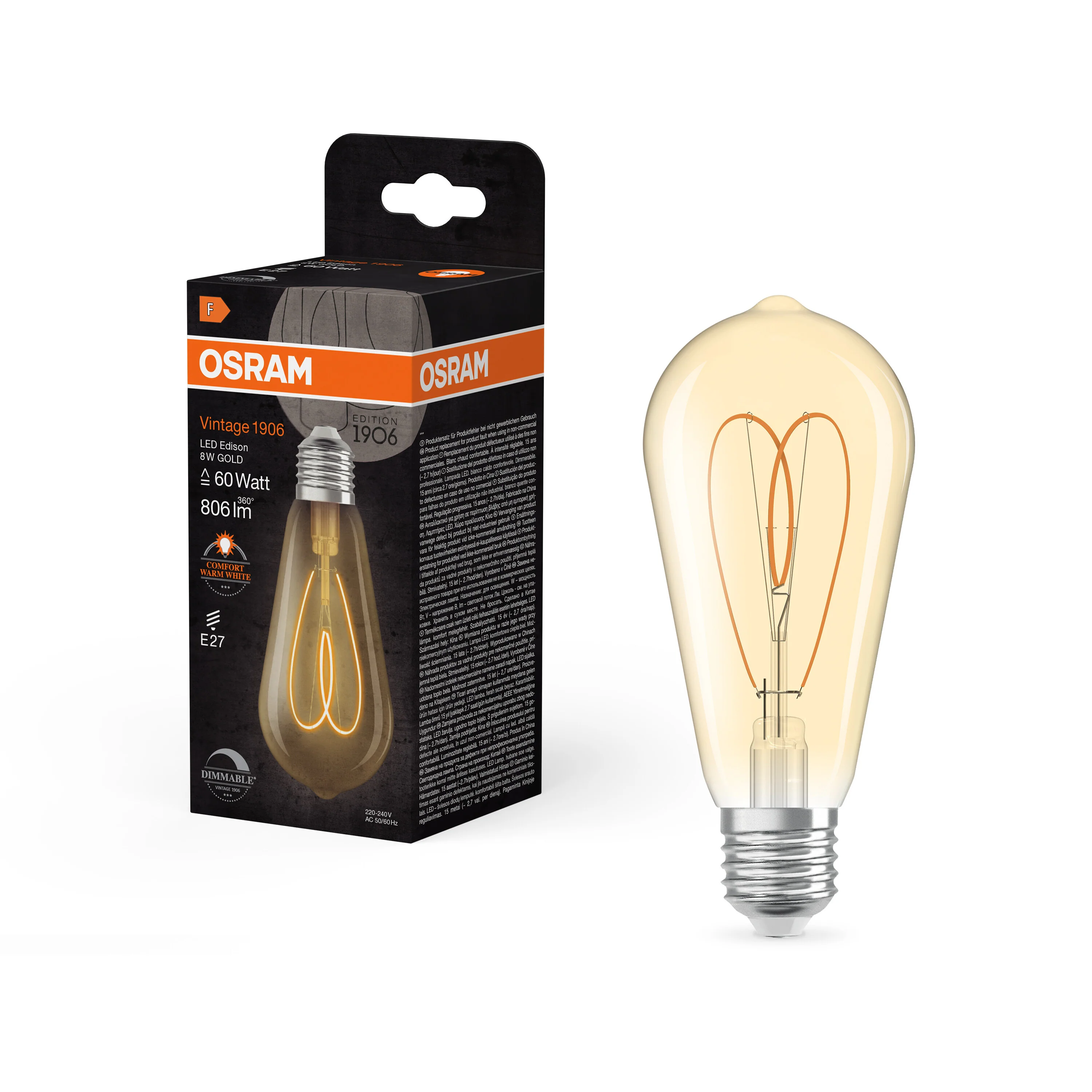 Żarówka LED OSRAM Vintage 1906 Edison 60 Heart Filament DIM 8W 922 Gold E27 - Image 5