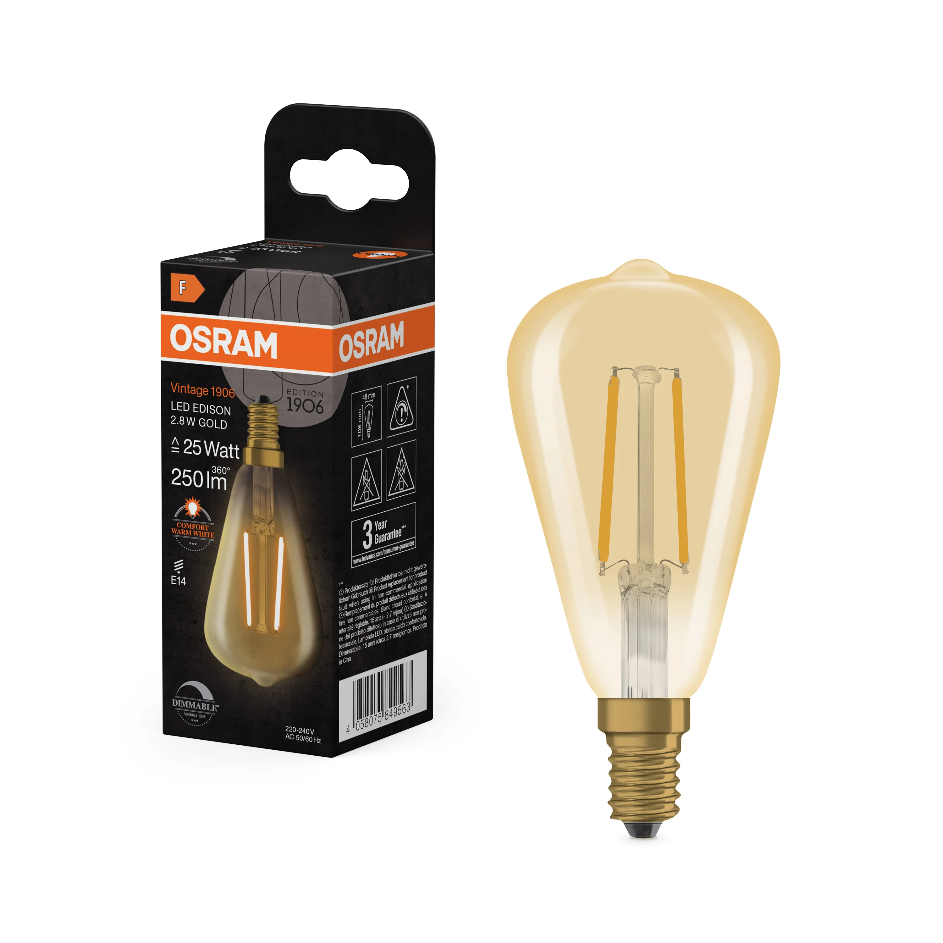 Żarówka LED OSRAM Vintage 1906 Edison  Filament DIM 2.8W 822 GOLD E14 - Image 4