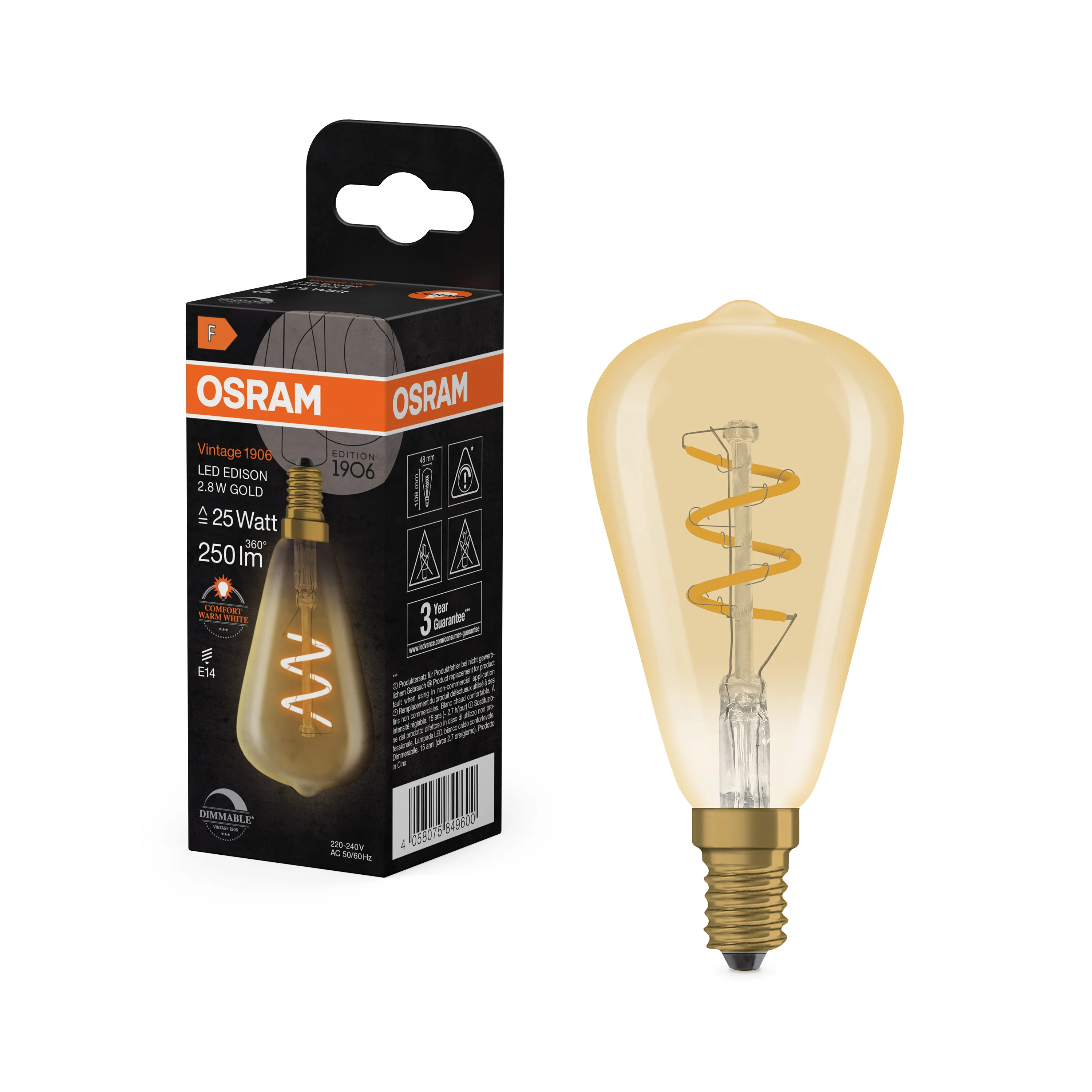 Żarówka LED OSRAM Vintage 1906 Edison  Spiral Filament DIM 2.8W 822 Gold E14 - Image 4
