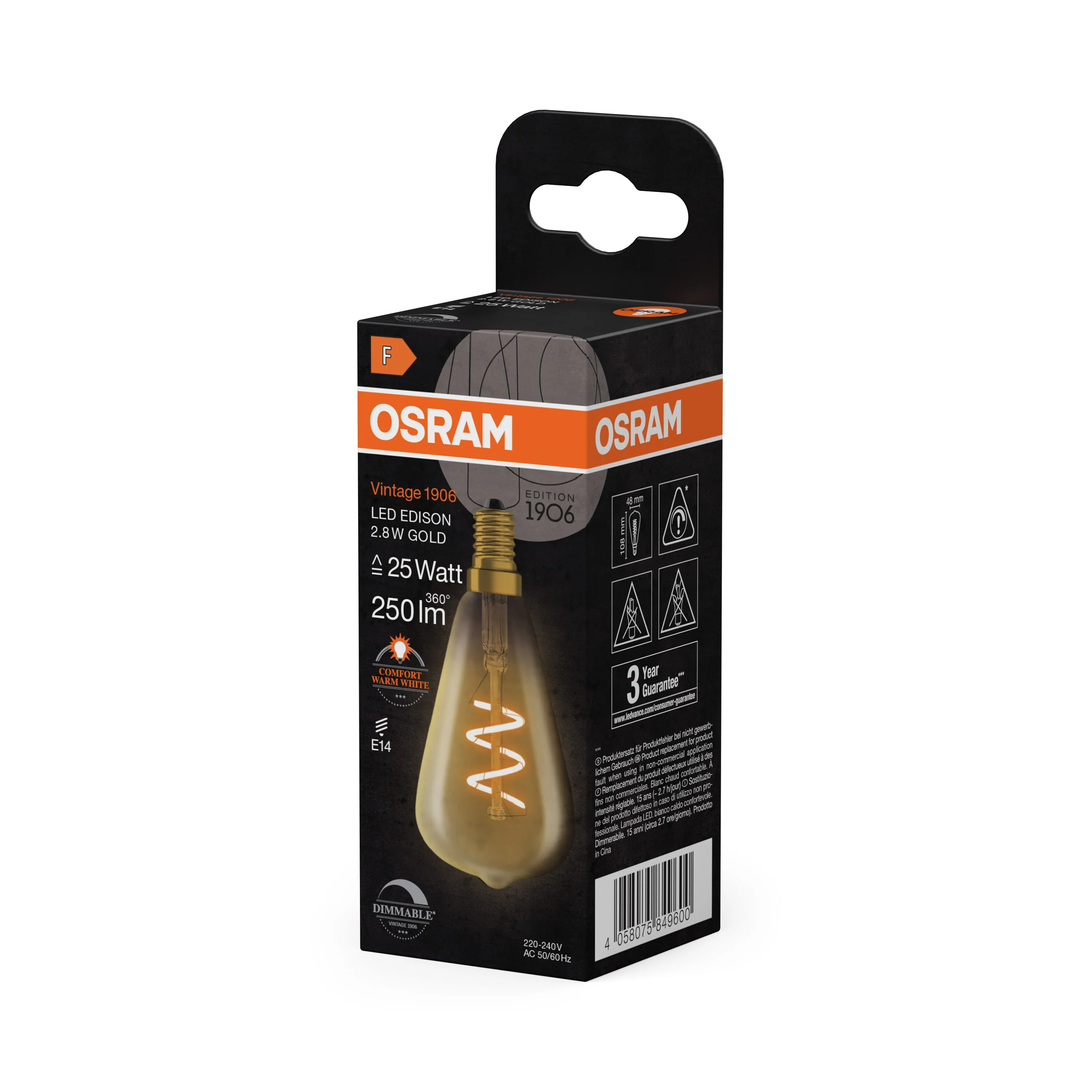 Żarówka LED OSRAM Vintage 1906 Edison  Spiral Filament DIM 2.8W 822 Gold E14 - Image 5