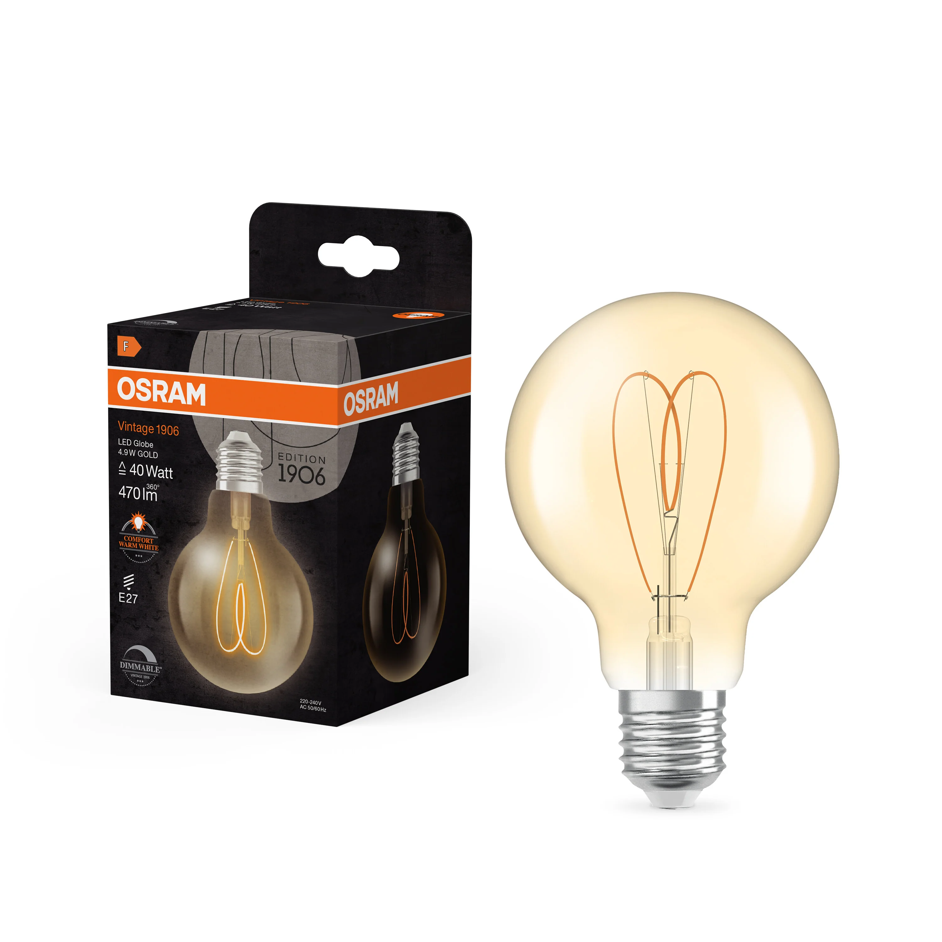 Żarówka LED OSRAM Vintage 1906 Globe 80 40 Heart Filament DIM 4.9W 922 Gold E27 - Image 5