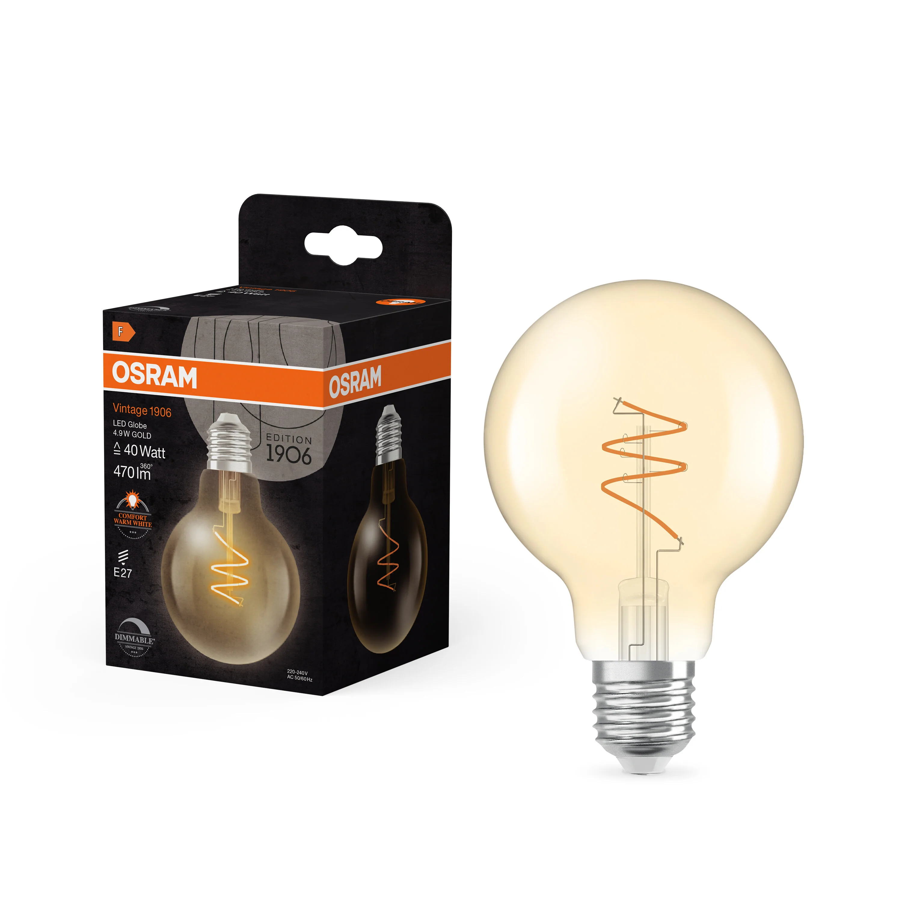 Żarówka LED OSRAM Vintage 1906 Globe 80 40 Spiral Filament DIM 4.9W 922 Gold E27 - Image 5