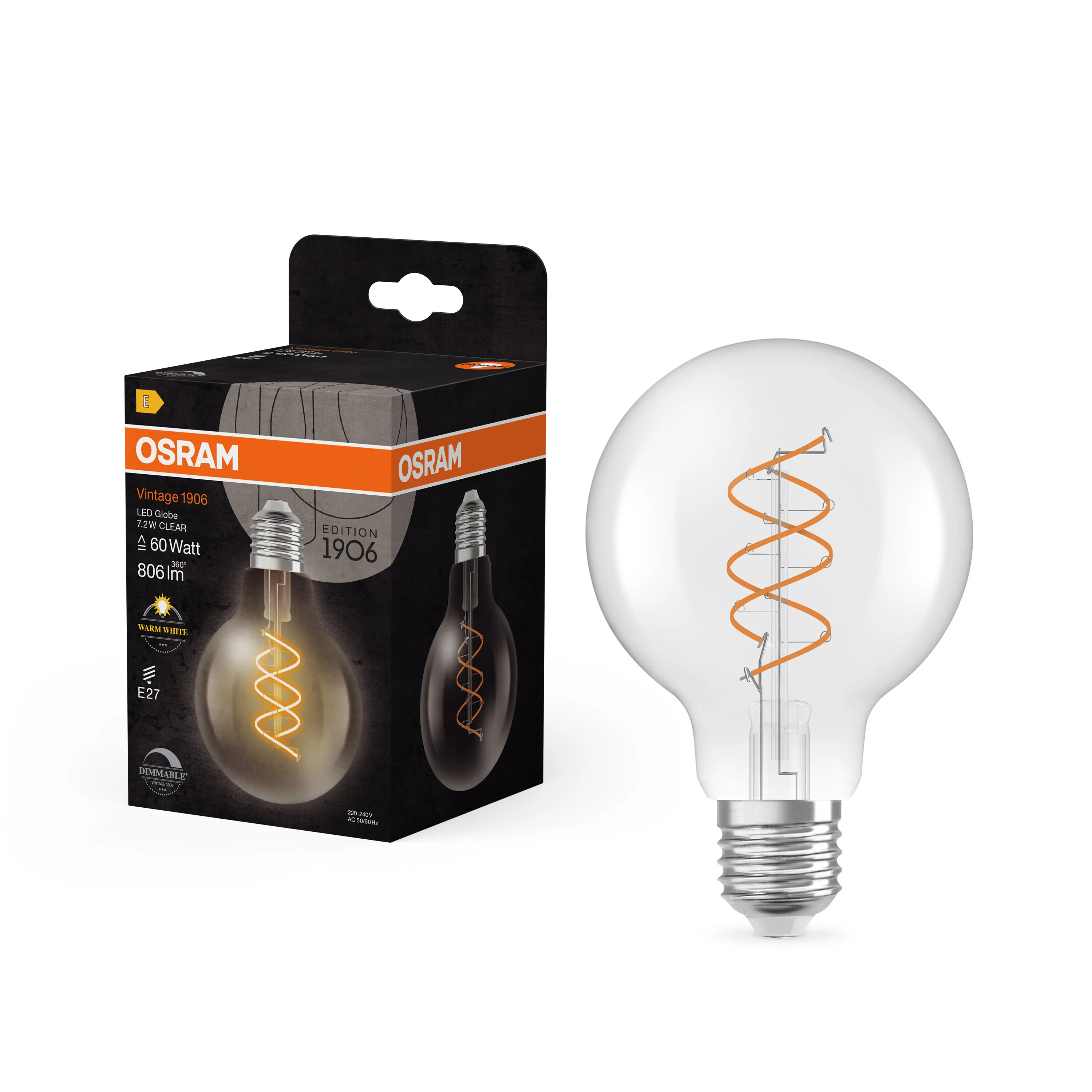 Żarówka LED OSRAM Vintage 1906 Globe 80 60 Spiral Filament DIM 7.2W 927 Clear E27 - Image 5