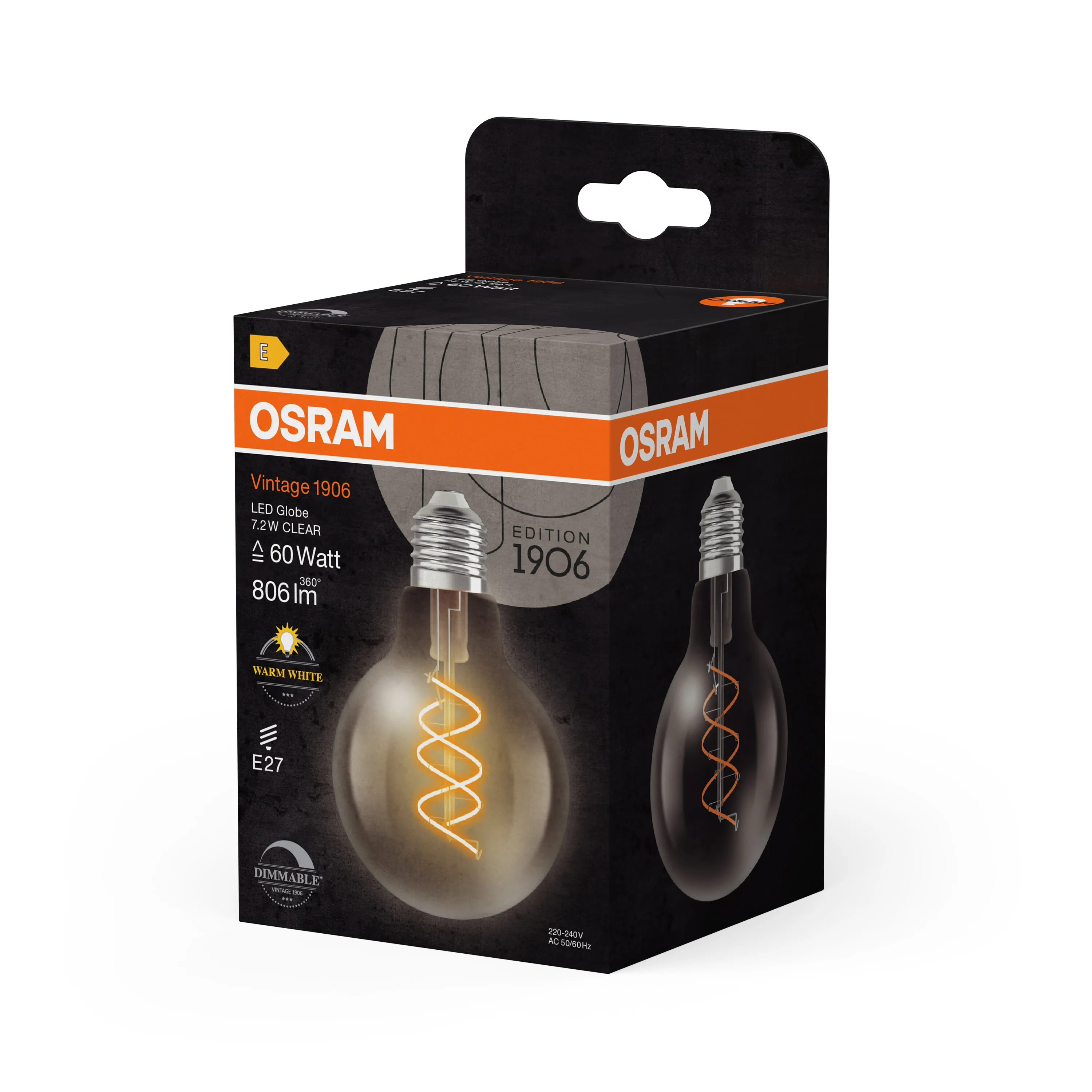 Żarówka LED OSRAM Vintage 1906 Globe 80 60 Spiral Filament DIM 7.2W 927 Clear E27 - Image 6
