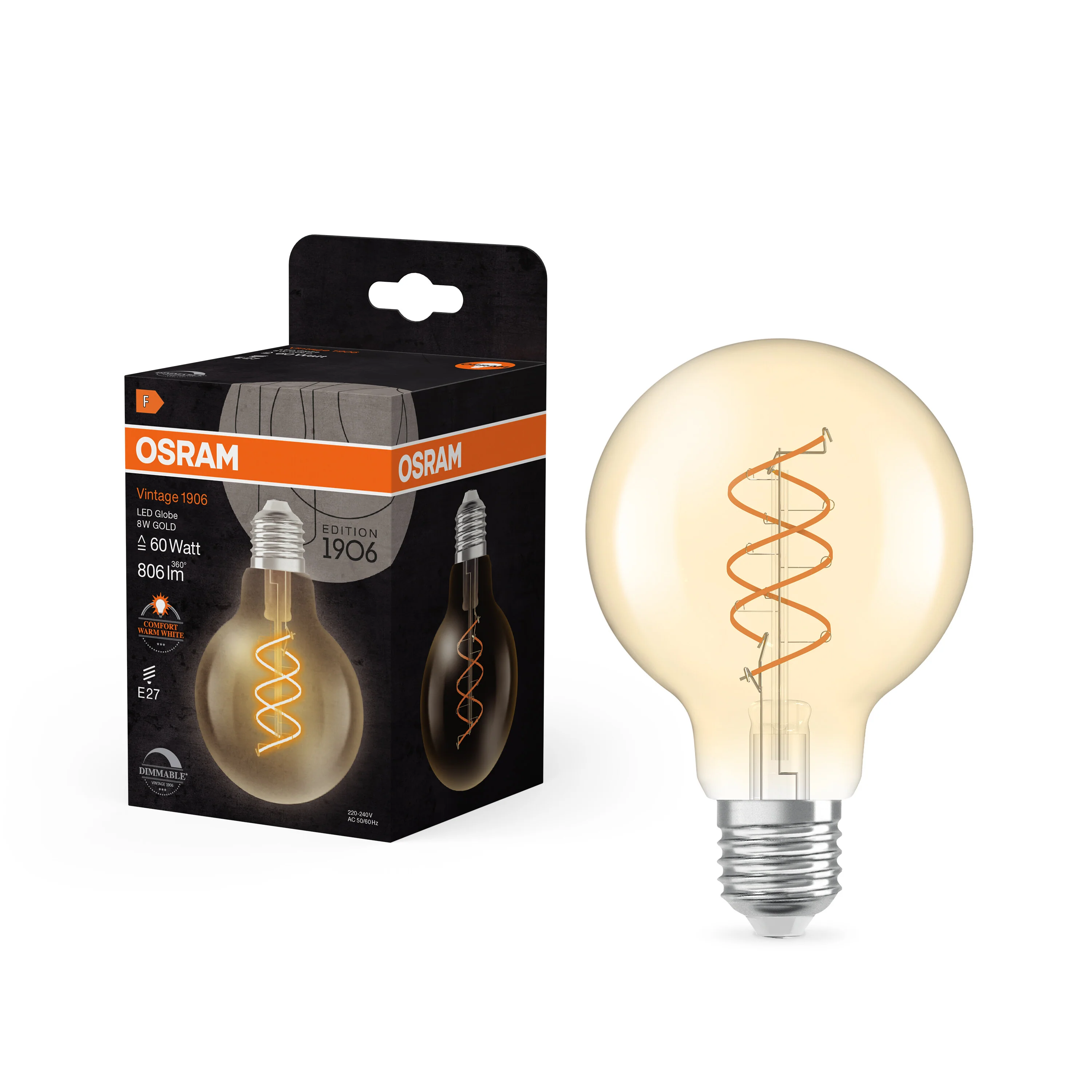 Żarówka LED OSRAM Vintage 1906 Globe 80 60 Spiral Filament DIM 8W 922 Gold E27 - Image 5