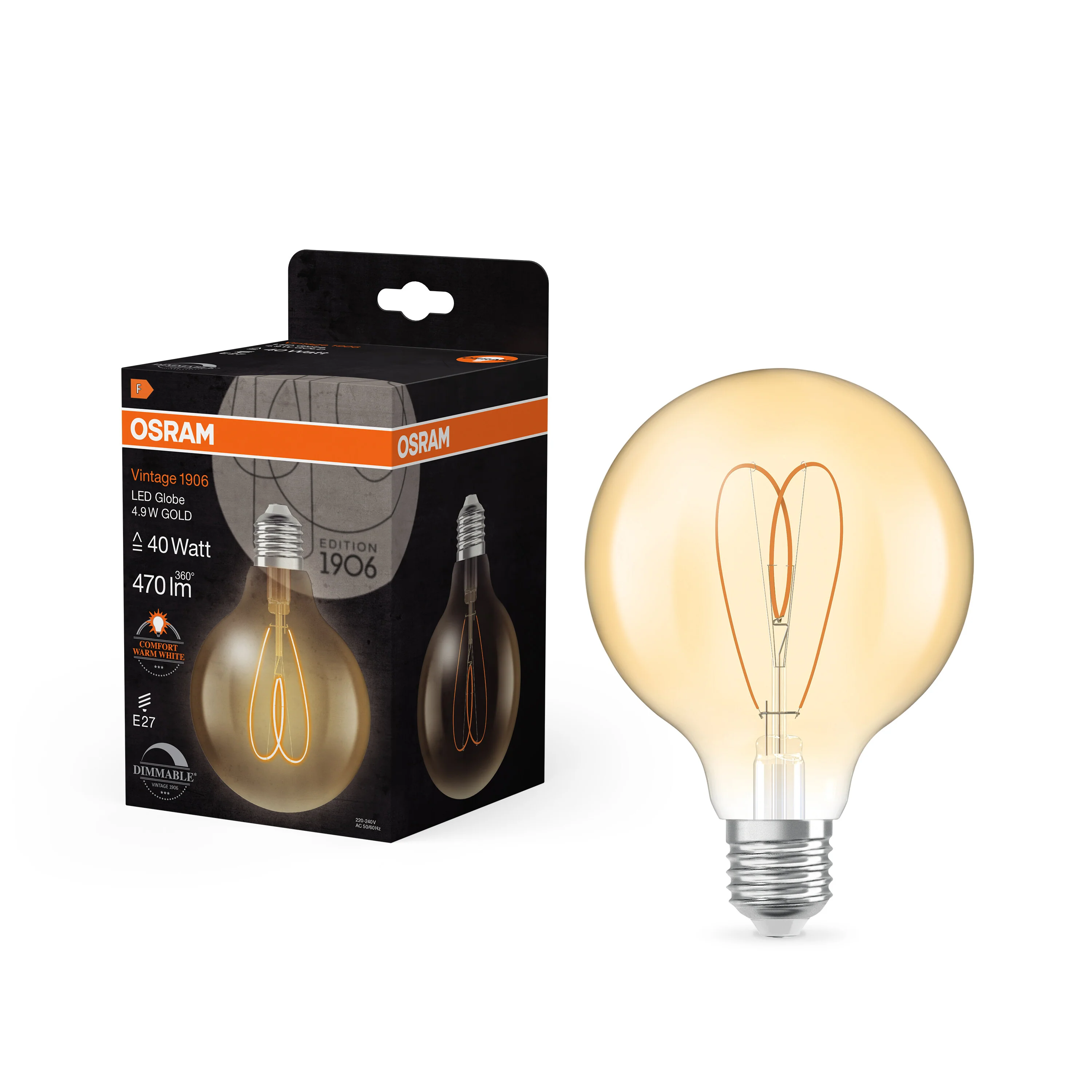 Żarówka LED OSRAM Vintage 1906 Globe 95 40 Heart Filament DIM 4.9W 922 Gold E27 - Image 5