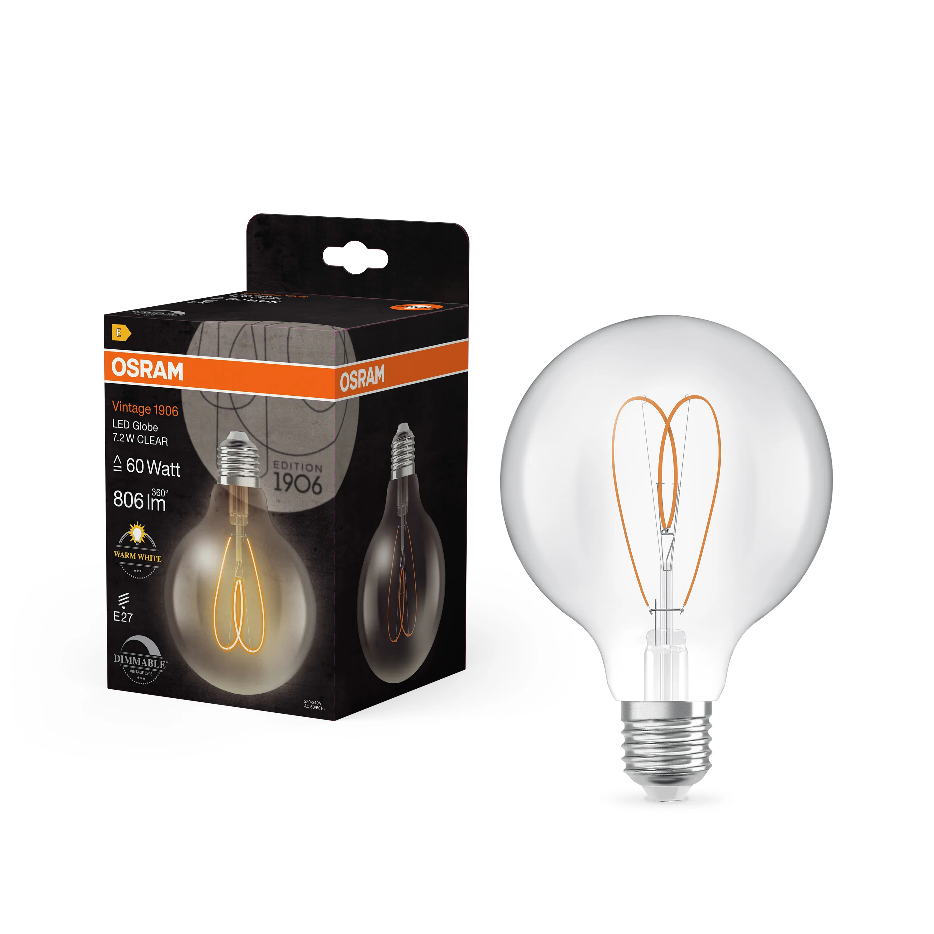 Żarówka LED OSRAM Vintage 1906 Globe 95 60 Heart Filament DIM 7.2W 927 Clear E27 - Image 5