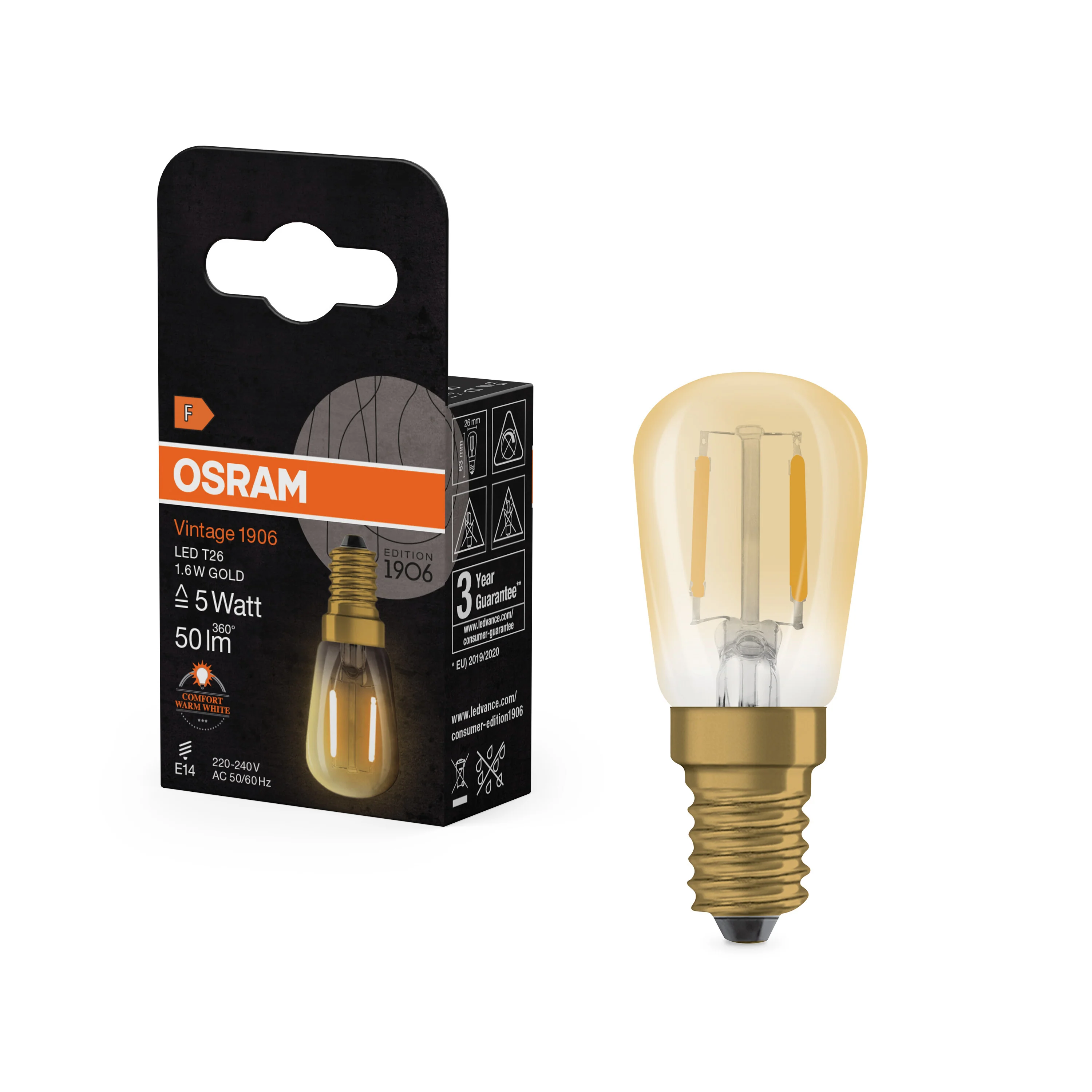 Żarówka LED OSRAM Vintage 1906 LED T26 5 Filament 1.6W 824 Gold E14 - Image 4