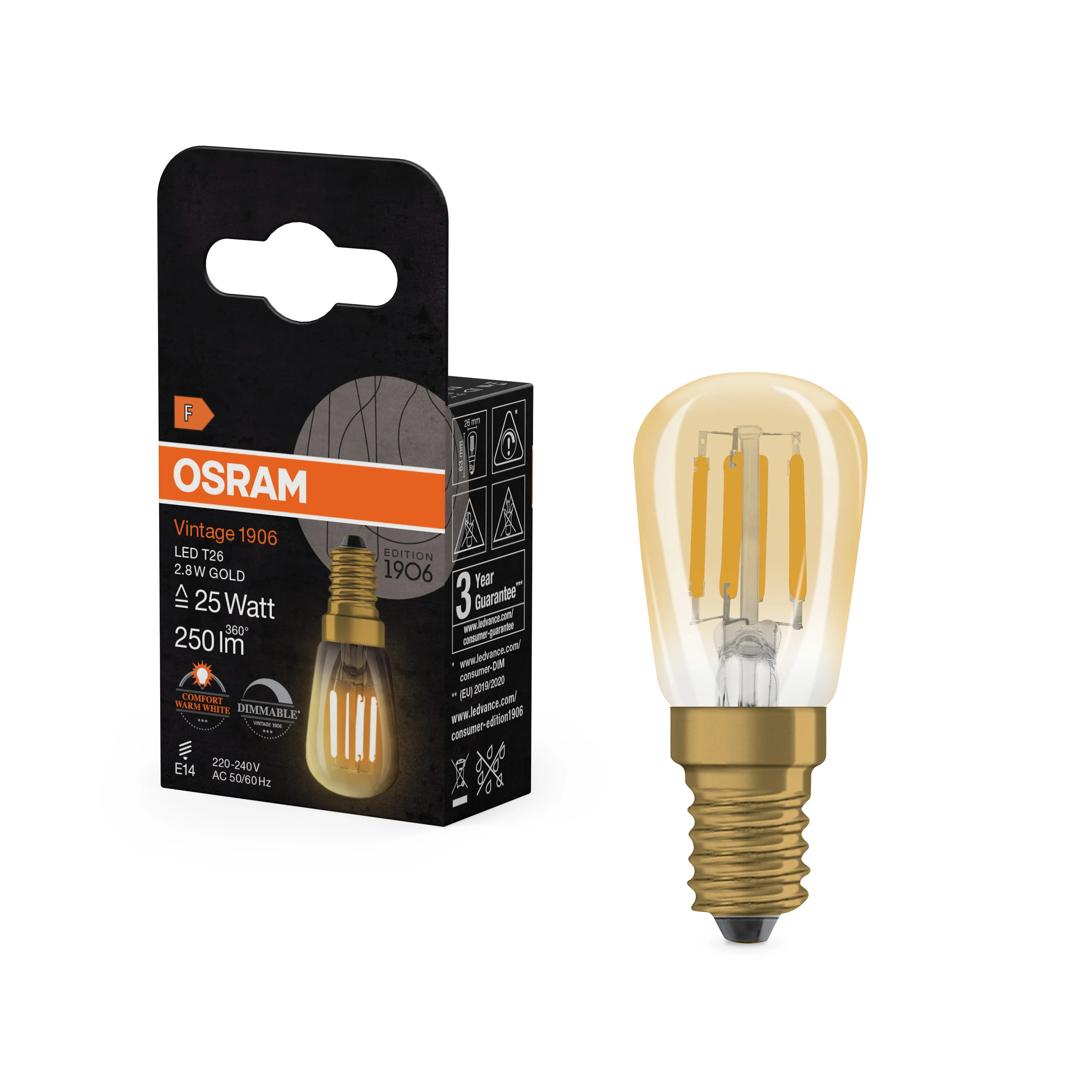 Żarówka LED OSRAM Vintage 1906 T26 25 Filament DIM 2.8W 822 Gold E14 - Image 4