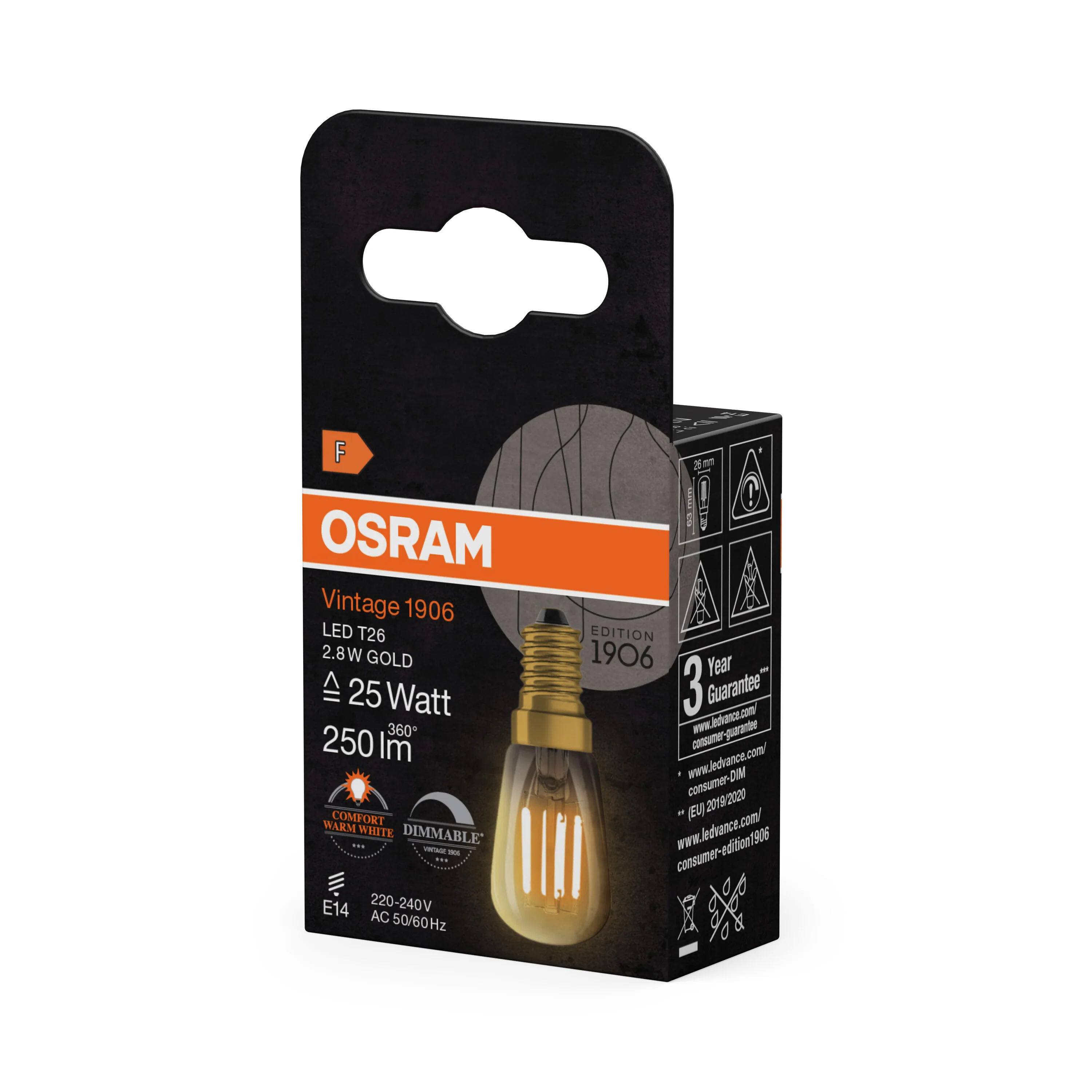 Żarówka LED OSRAM Vintage 1906 T26 25 Filament DIM 2.8W 822 Gold E14 - Image 5