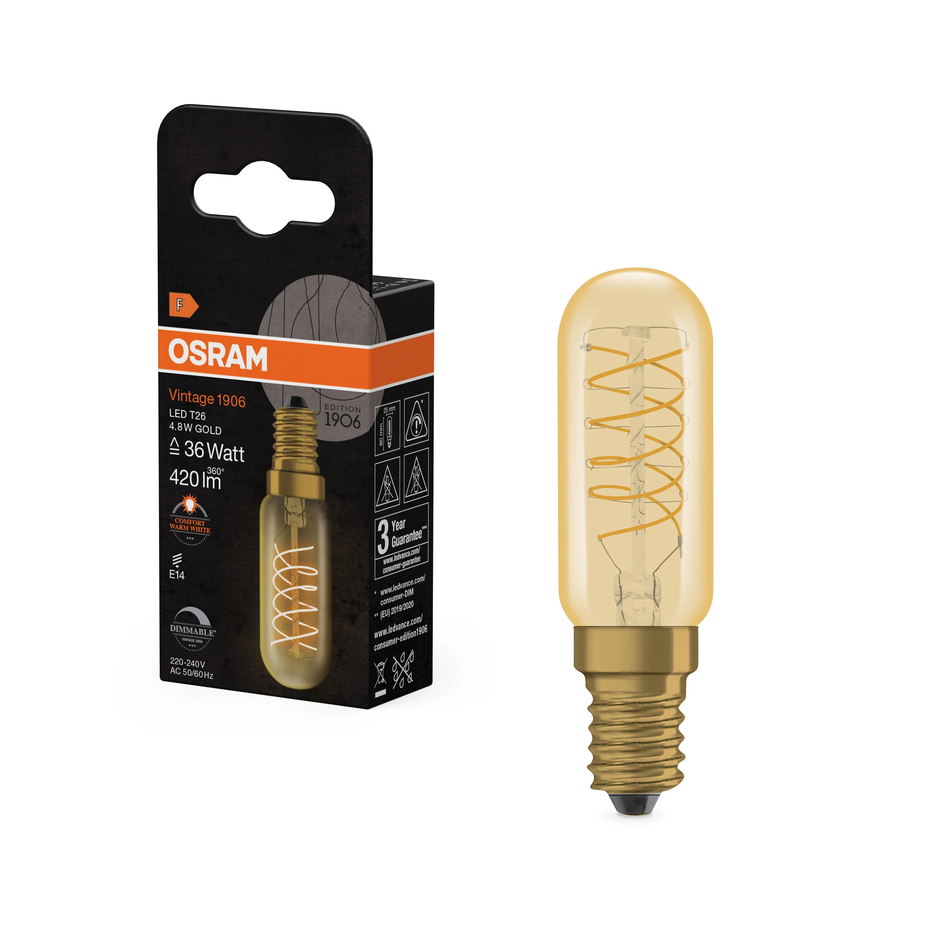 Żarówka LED OSRAM Vintage 1906 T26 36 Spiral Filament DIM 4.8W 822 Gold E14 - Image 5