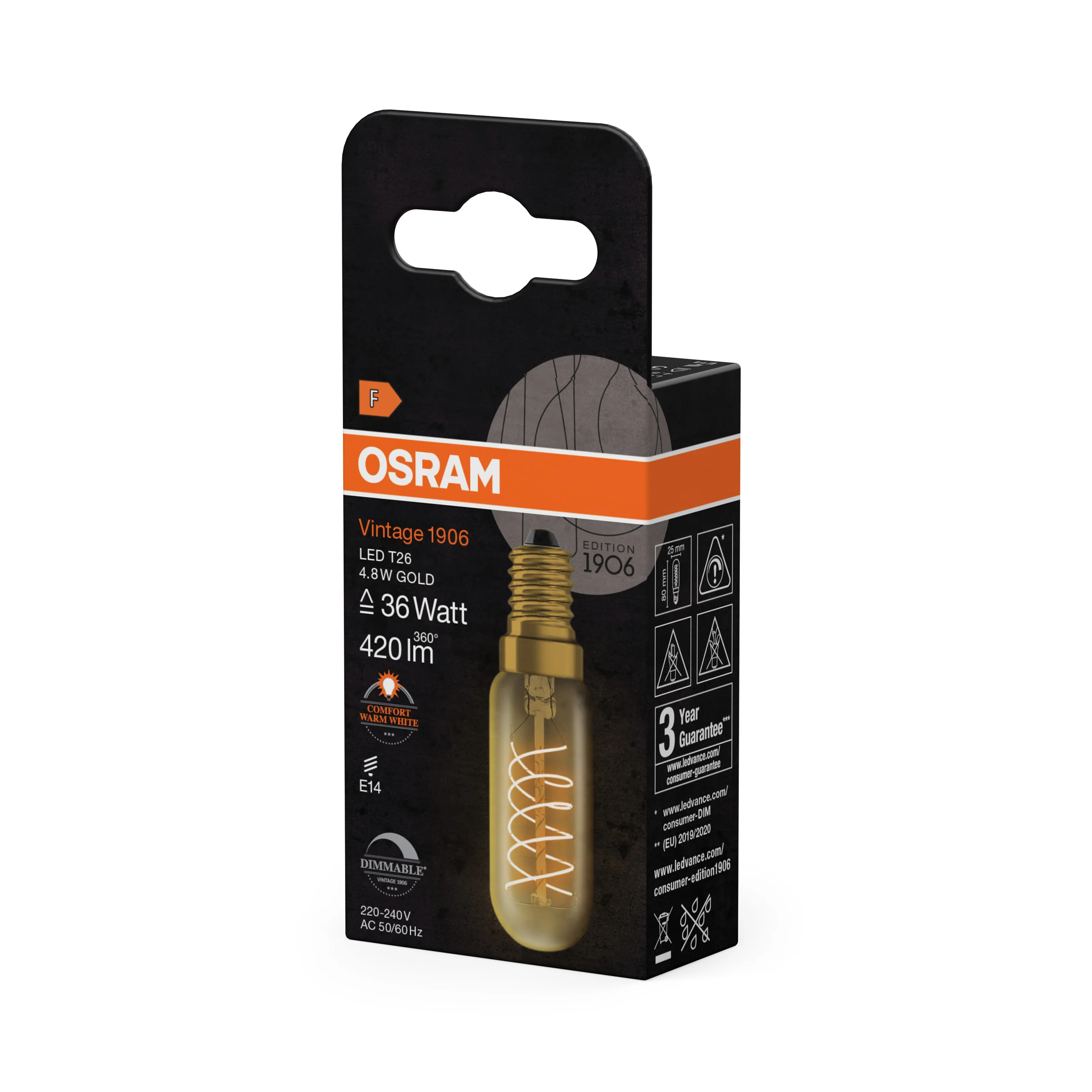 Żarówka LED OSRAM Vintage 1906 T26 36 Spiral Filament DIM 4.8W 822 Gold E14 - Image 6