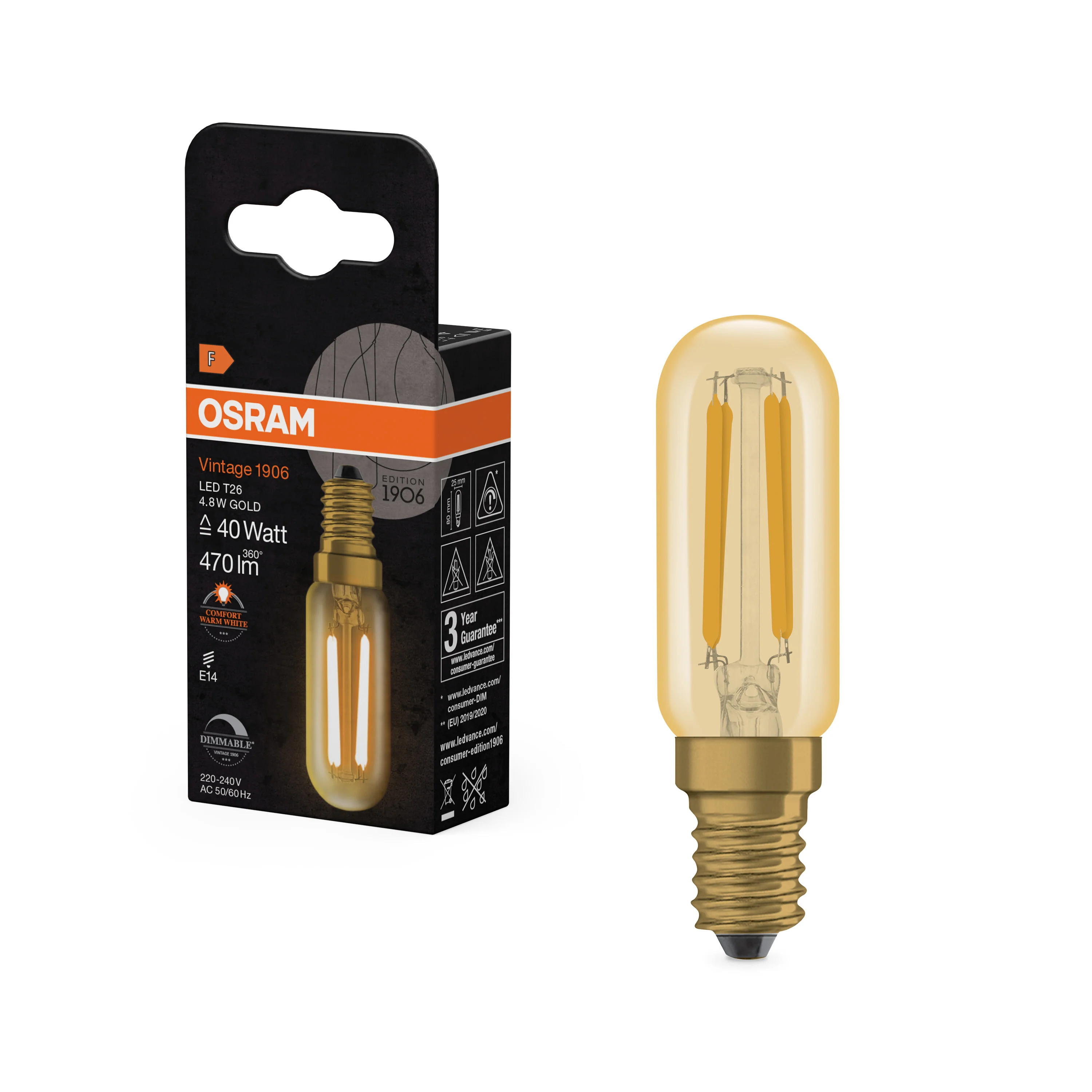 Żarówka LED OSRAM Vintage 1906 T26 40 Filament DIM 4.8W 822 Gold E14 - Image 4
