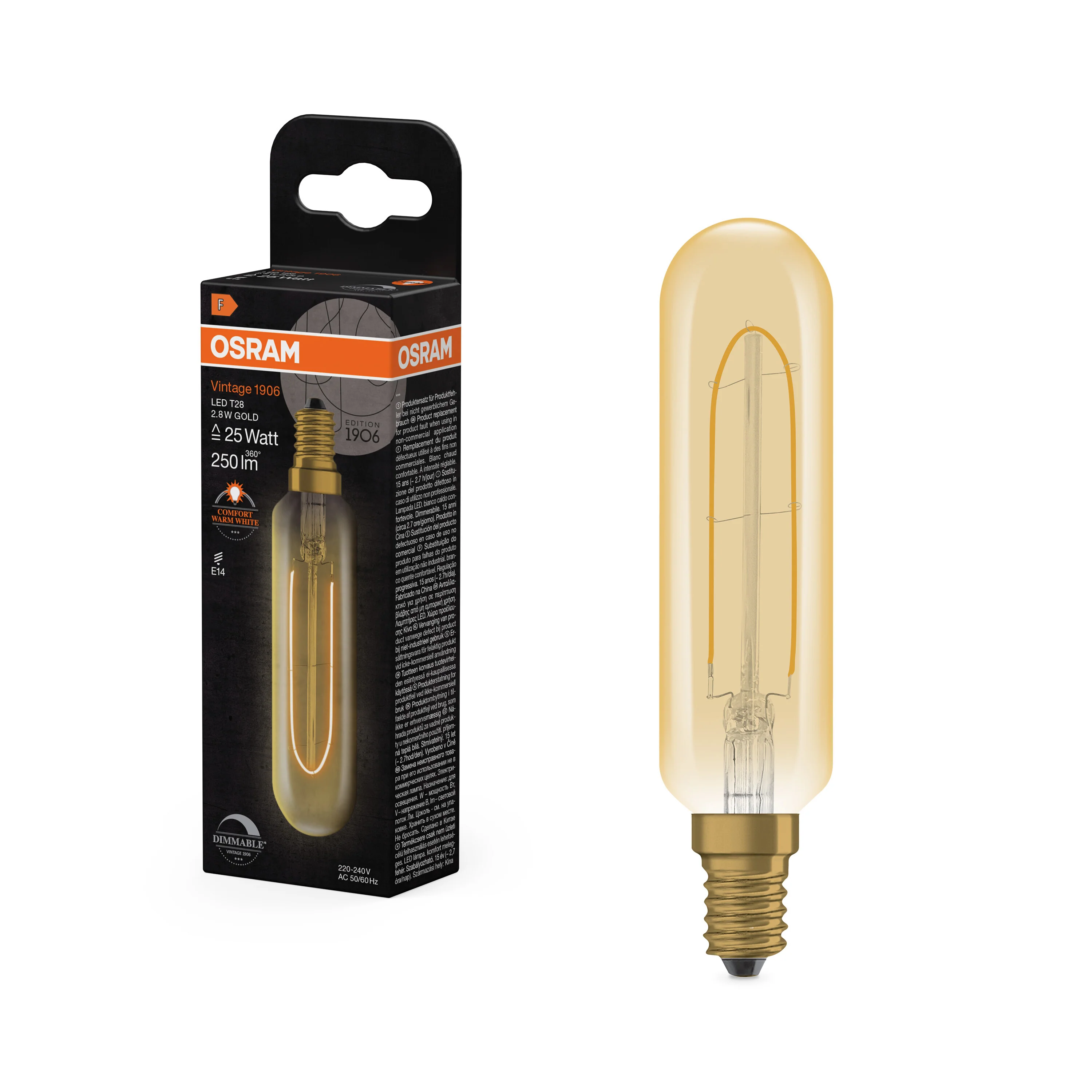 Żarówka LED OSRAM Vintage 1906 T28 25 Filament DIM 2.8W 822 Gold E14 - Image 4