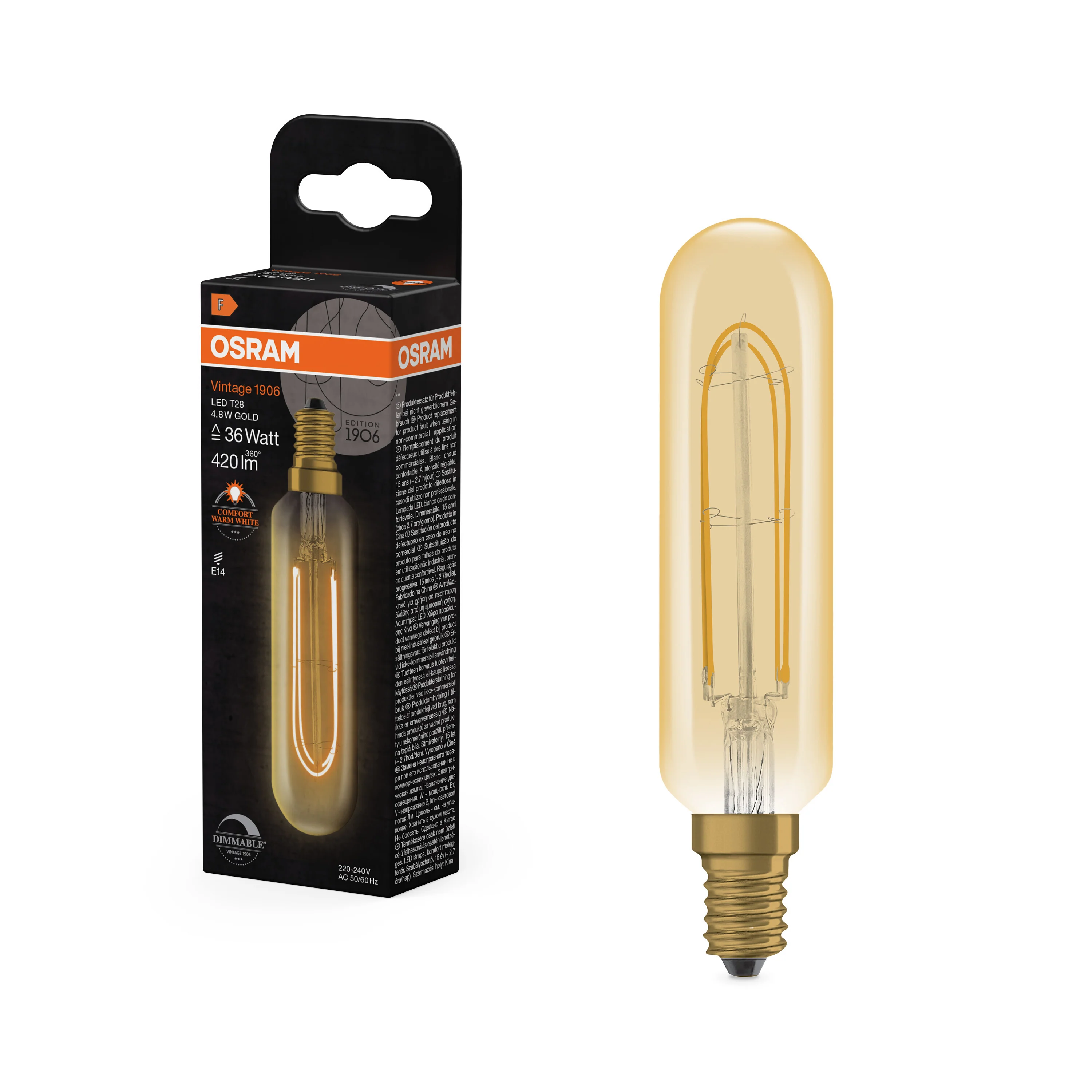 Żarówka LED OSRAM Vintage 1906 T28 36 Filament DIM 4.8W 822 Gold E14 - Image 5