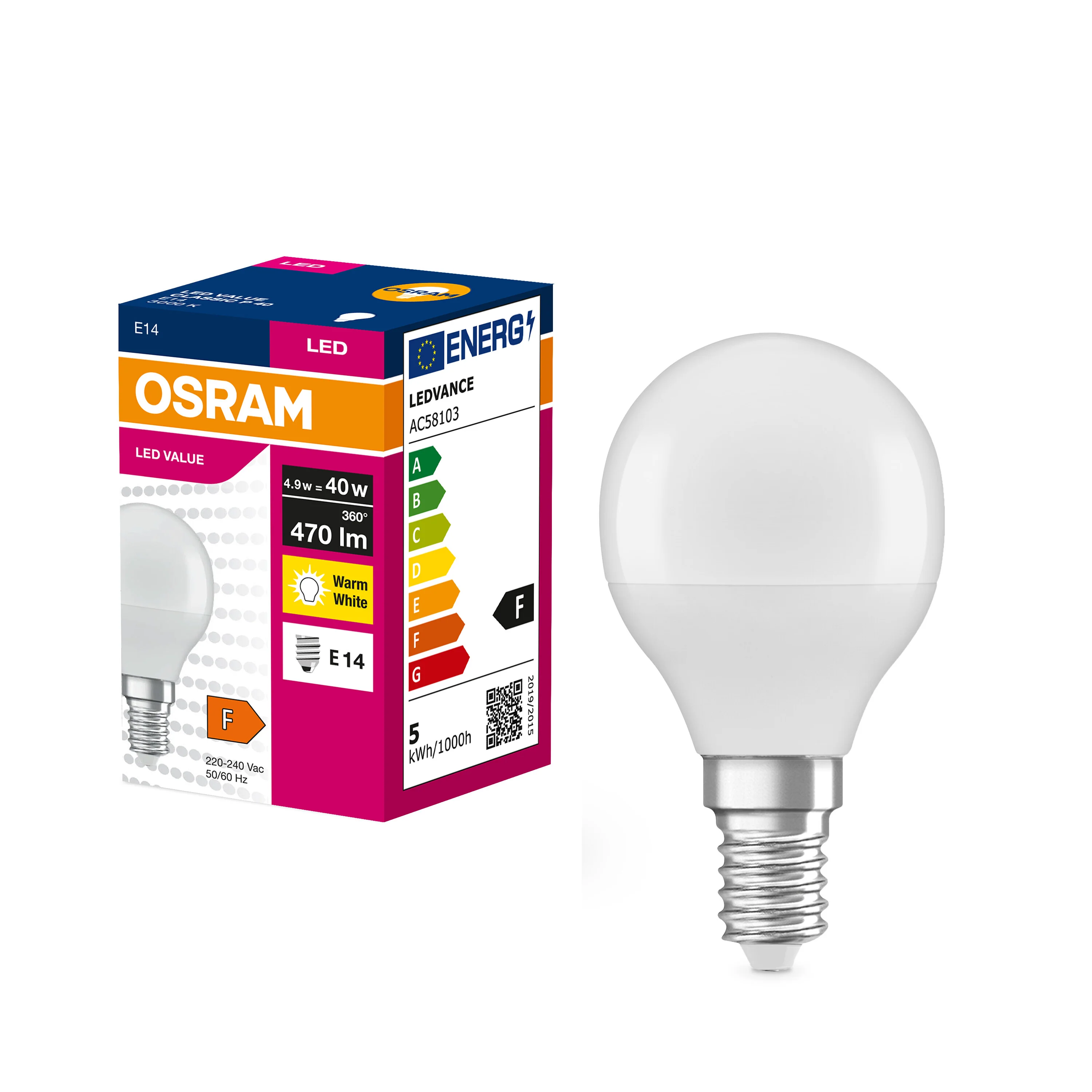 Żarówka LED P45 Kulka E14 4.9W = 40W 470lm 3000K Ciepła 200° VALUE CLASSIC - Image 4
