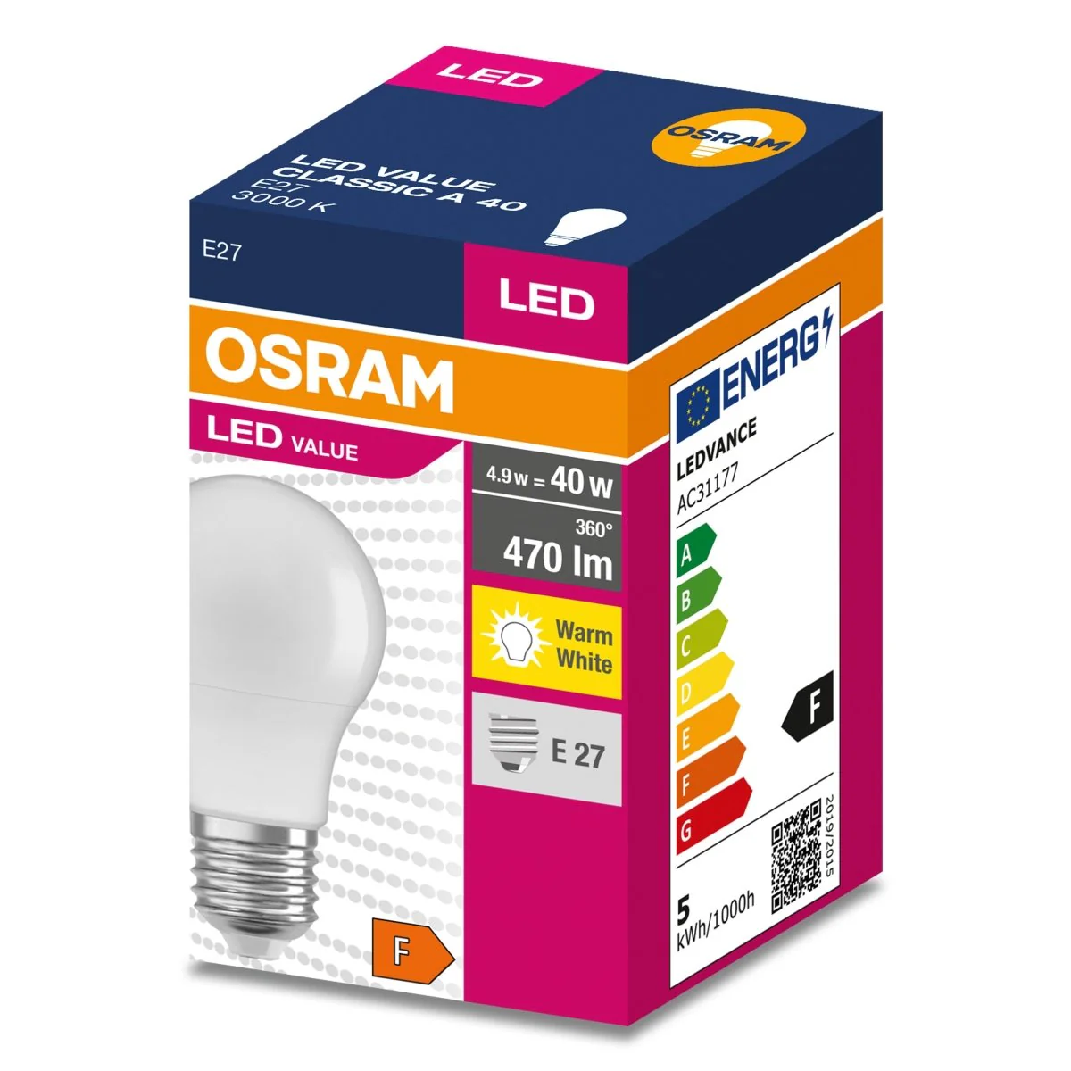ŻARÓWKA LED VALUE CLA40 4.9W 3000K ciepła biała 470LM 230V FR E27 - Image 2